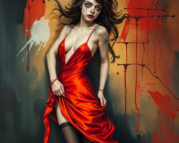 Striking Figure in Red Dress Against Colorful Backdrop