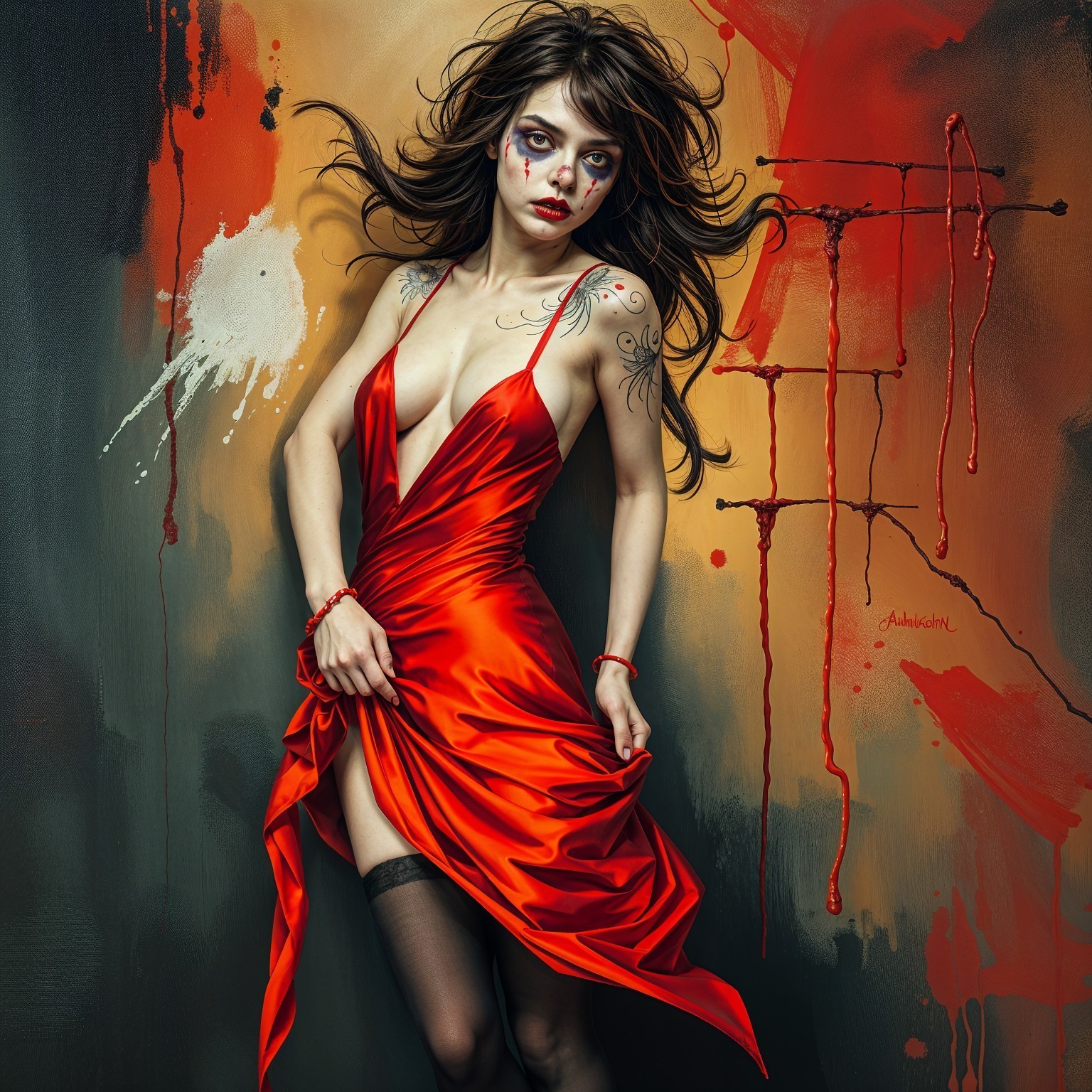 Striking Figure in Red Dress Against Colorful Backdrop