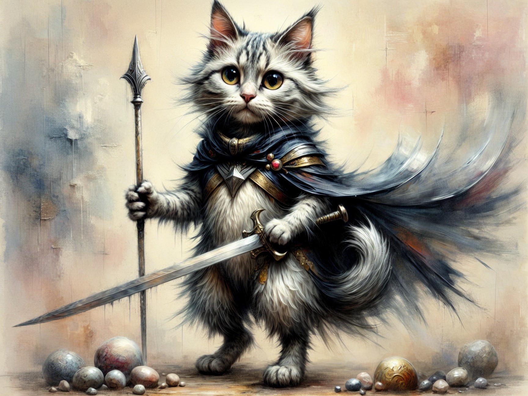 Majestic Cat in Cape with Sword and Spear Surrounded by Orbs