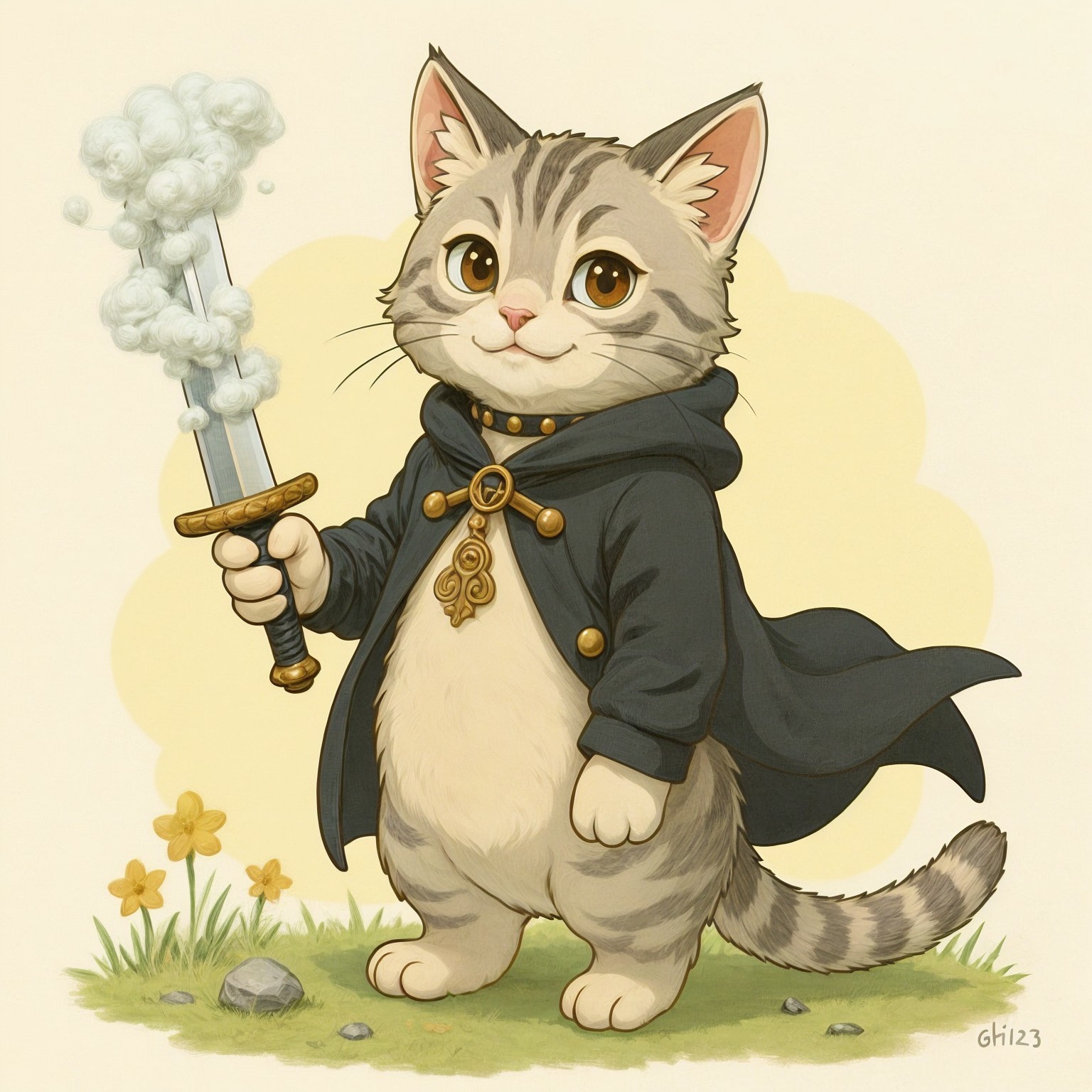Cat in Knight Costume with Sword and Floral Background