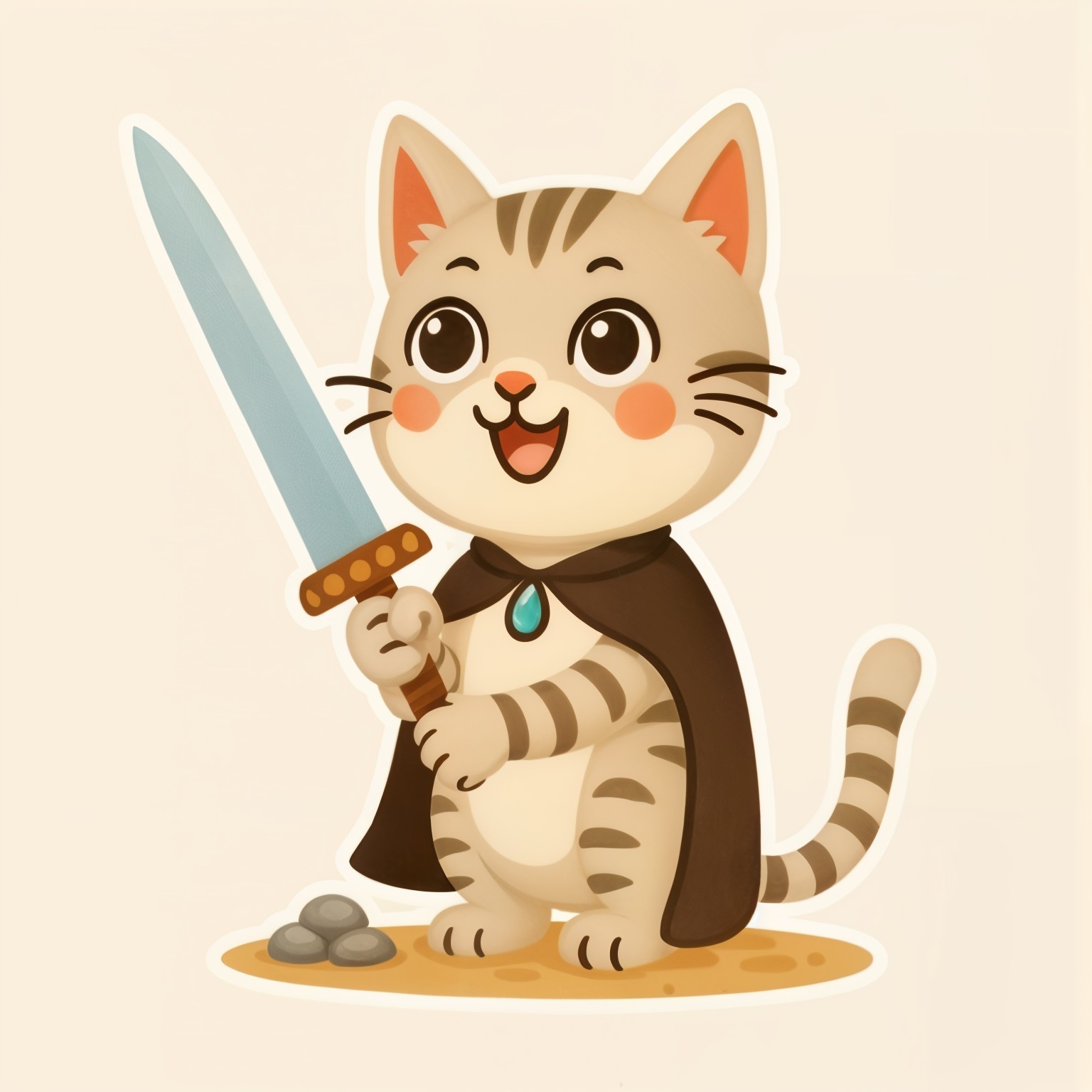 Cartoon Cat with Sword and Dark Cloak in Adventure Scene