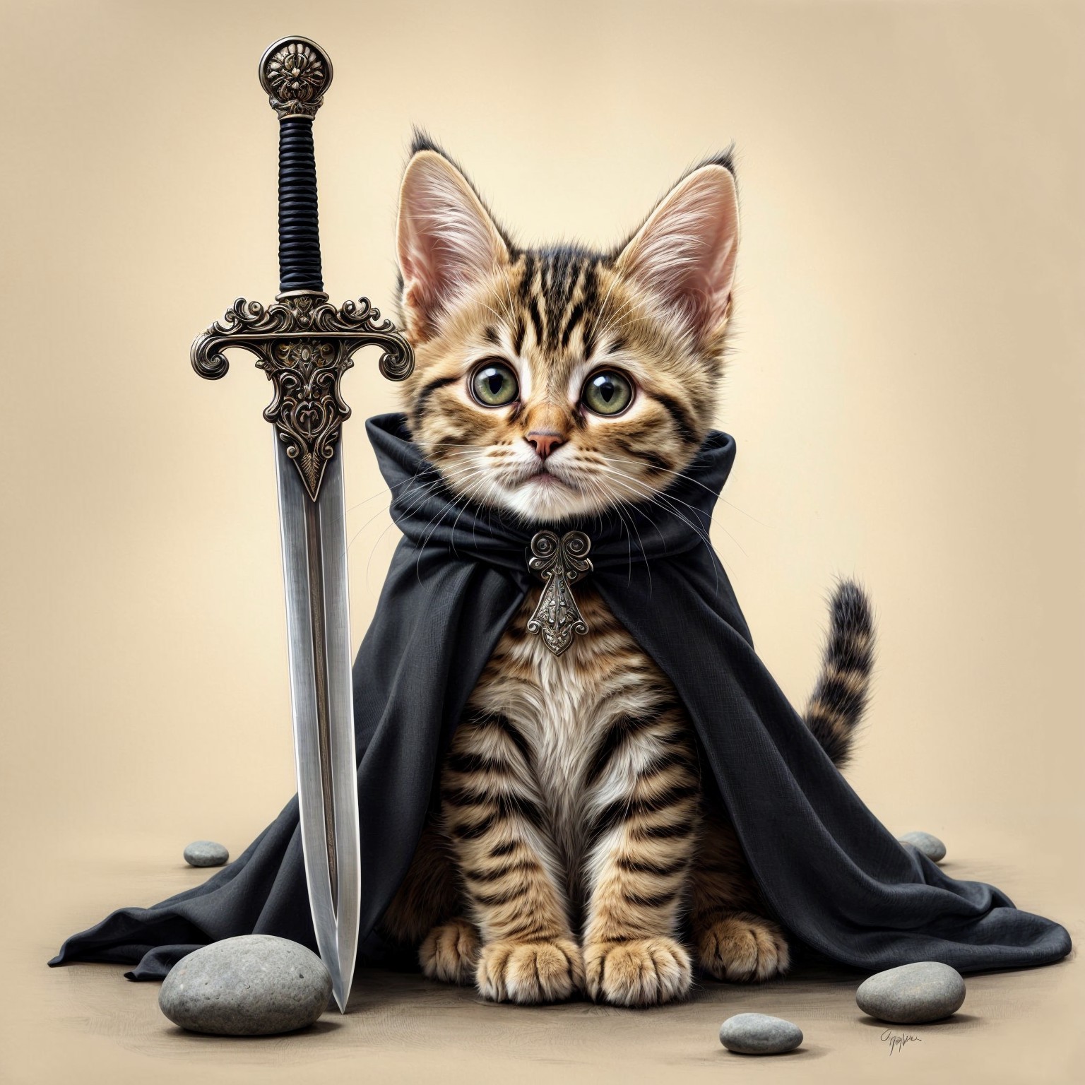 Charming Kitten in Black Cloak Beside Ornate Sword