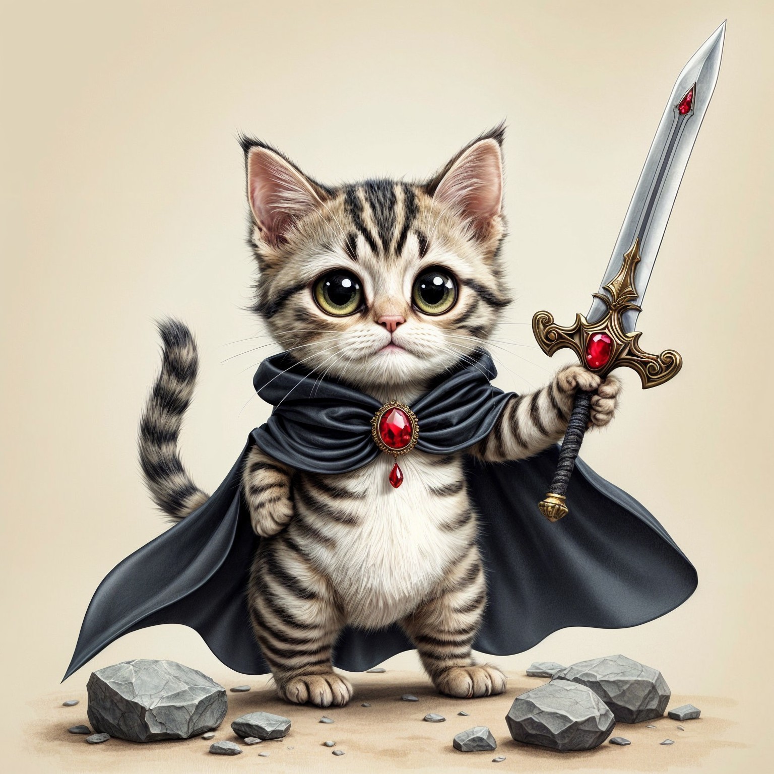 Heroic kitten in cape with sword and striped fur