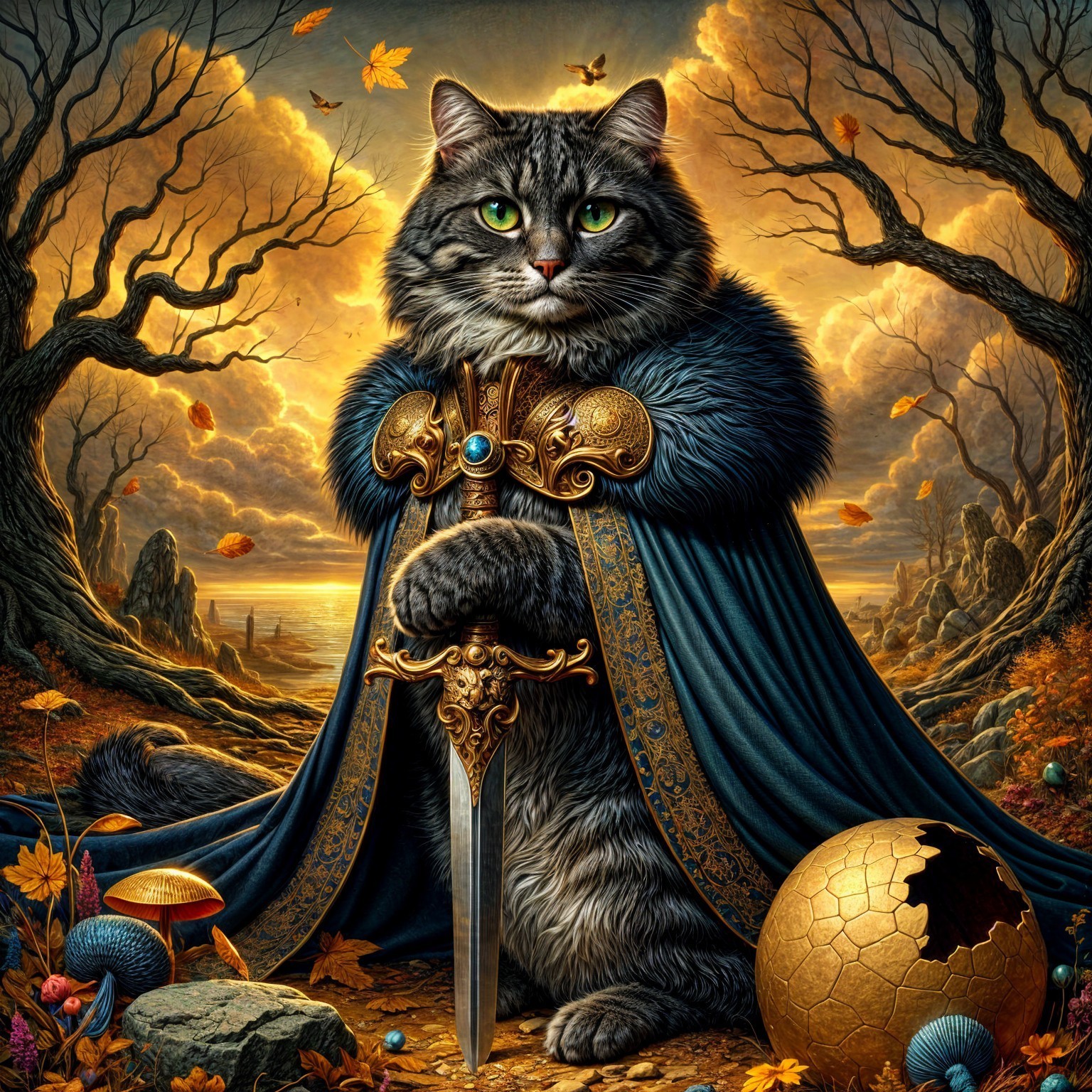 Regal Cat in Mystical Landscape with Dramatic Sky