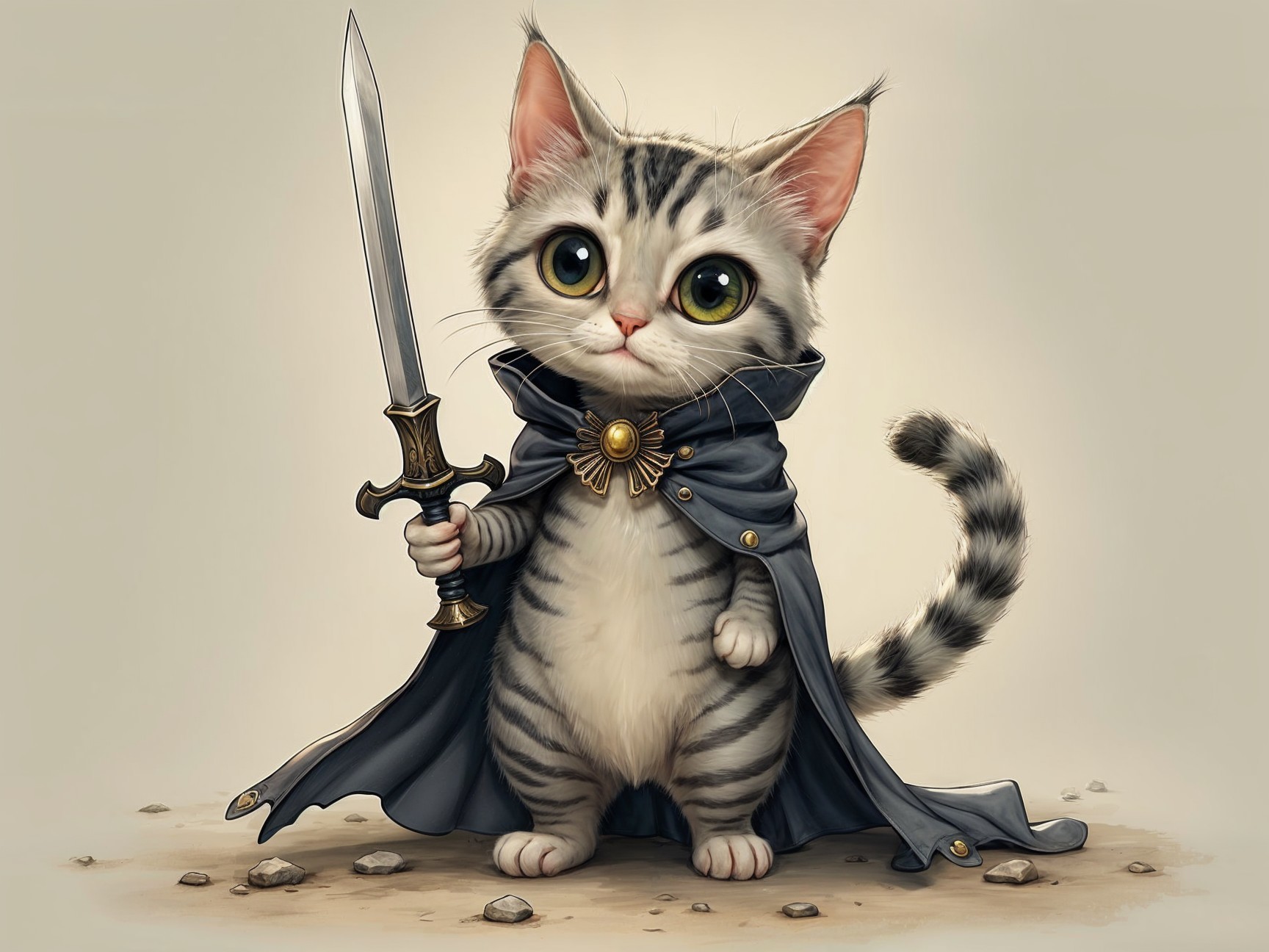 Cartoon Cat in Cloak with Sword in Heroic Pose