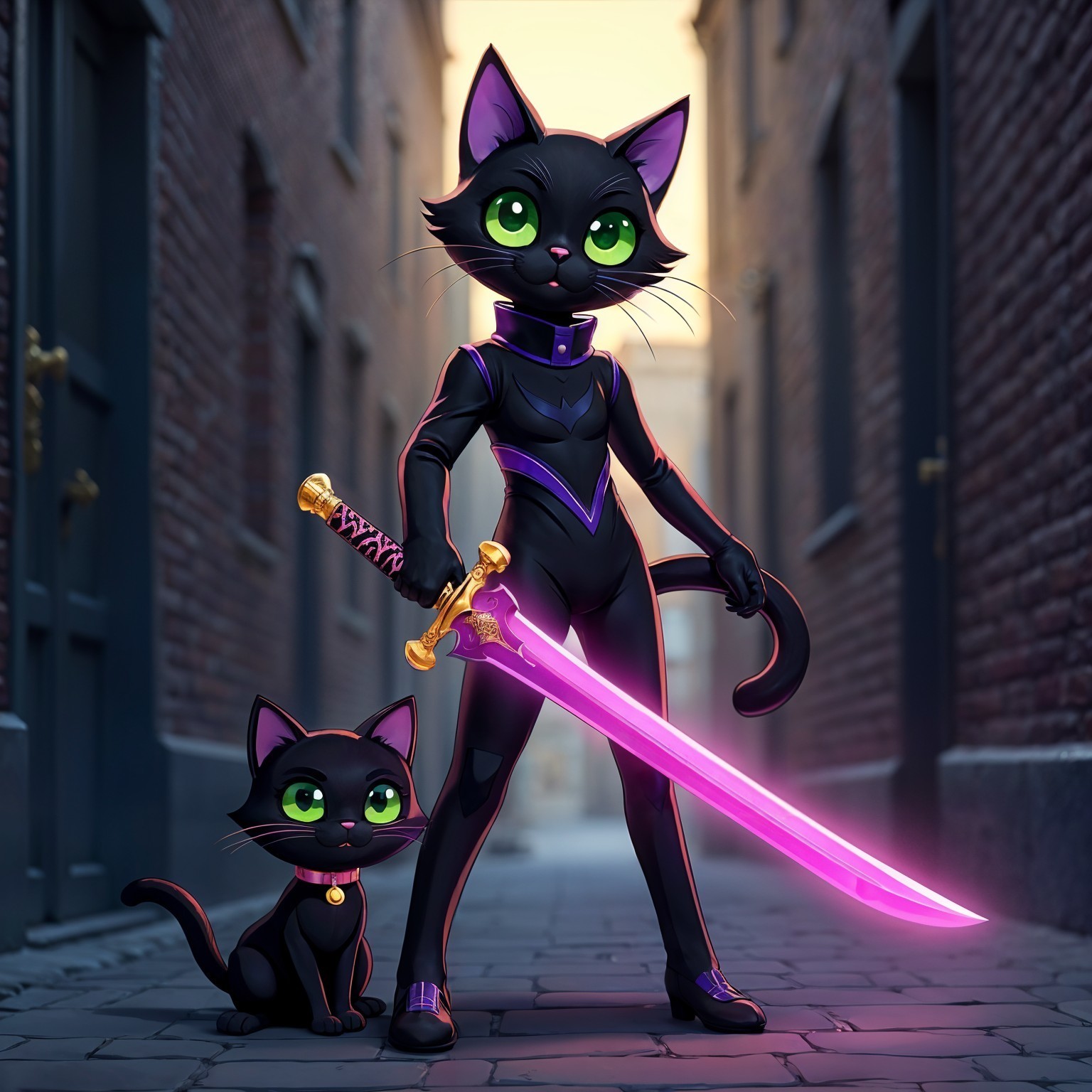 Confident Black Cat with Pink Sword in Whimsical Alleyway