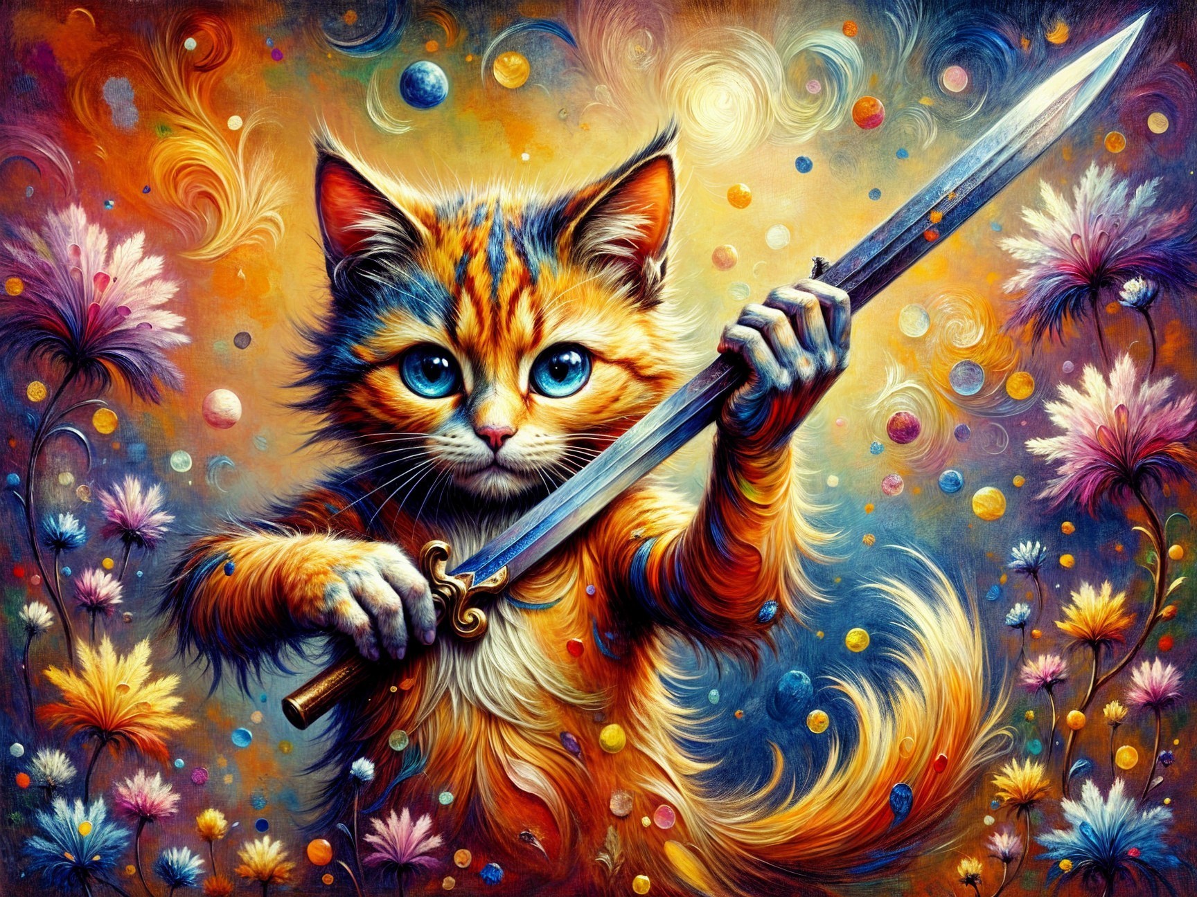 Whimsical illustration of a sword-wielding cat