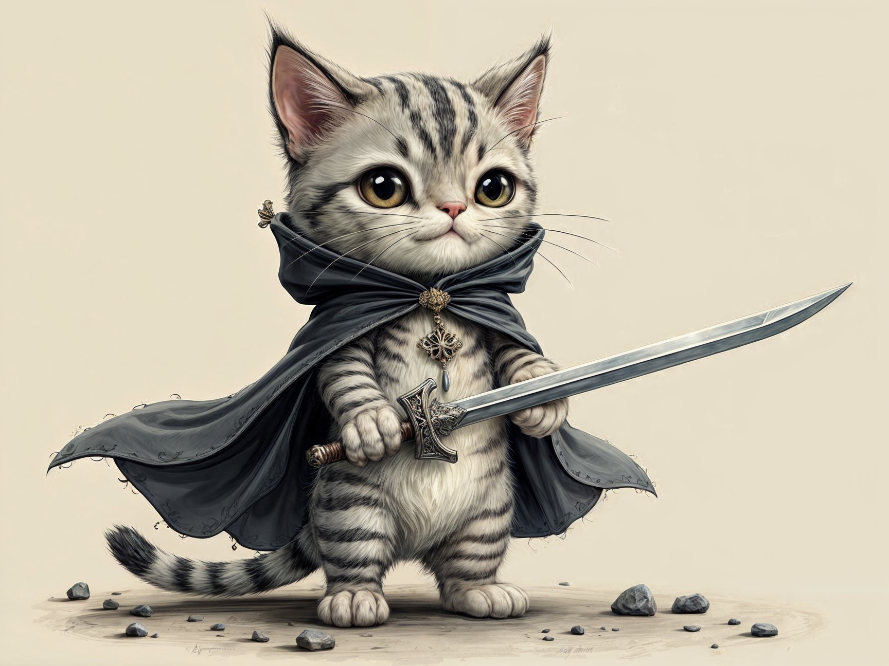 Striped Kitten in Cloak with Sword in Adventure Setting