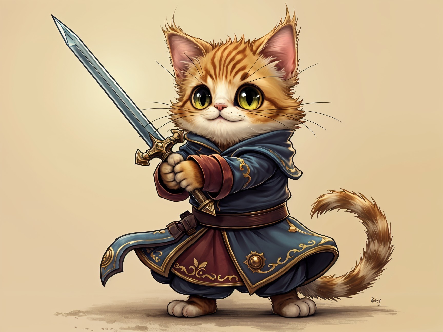 Cartoonish orange tabby cat in regal attire with sword