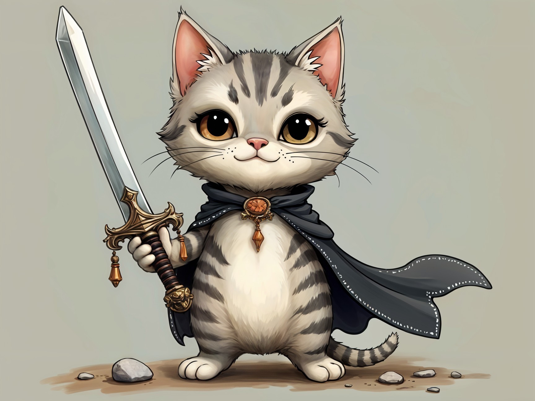 Cartoon Tabby Cat Warrior with Sword and Cape