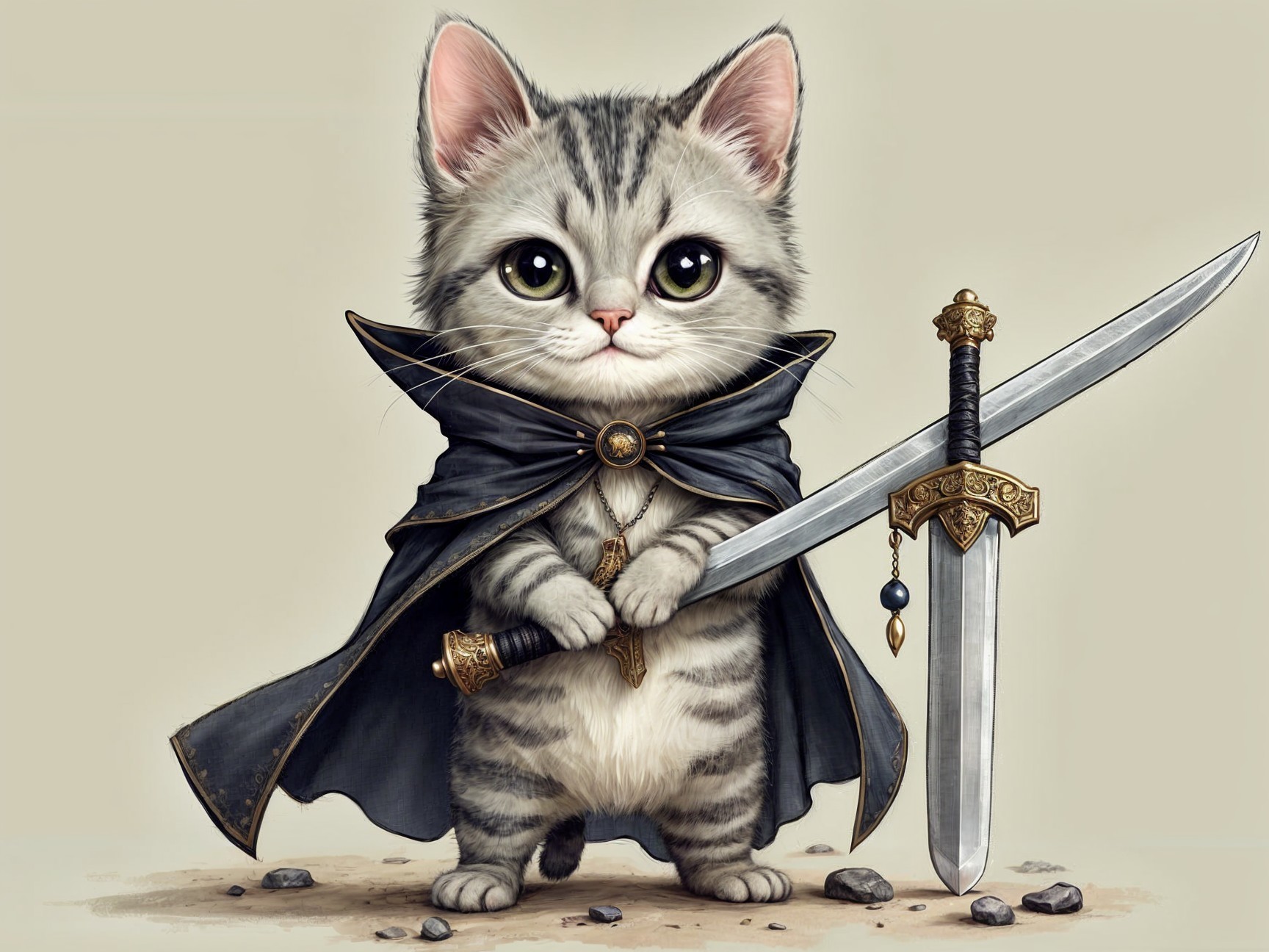 Cartoonish kitten in cape with swords in paws