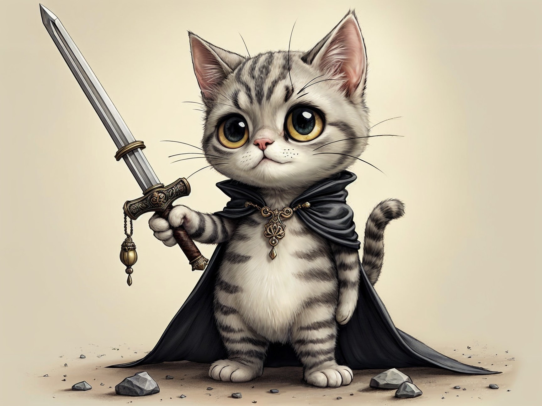 Cartoon Cat with Sword and Cape in Heroic Pose