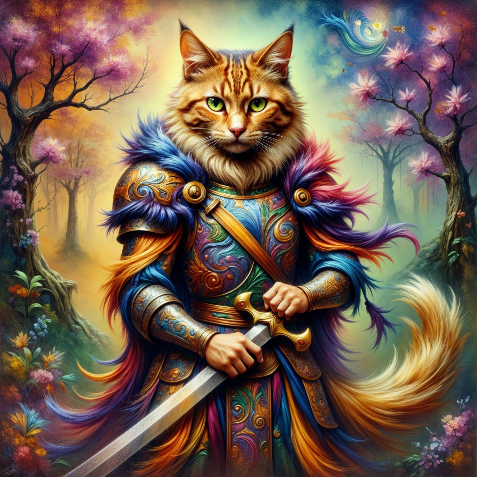 Majestic Cat in Colorful Armor in Enchanted Forest