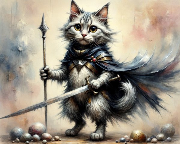 Majestic Cat in Cape with Sword and Spear Surrounded by Orbs