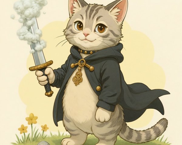 Cat in Knight Costume with Sword and Floral Background