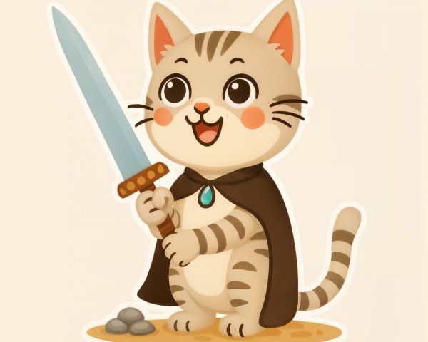 Cartoon Cat with Sword and Dark Cloak in Adventure Scene