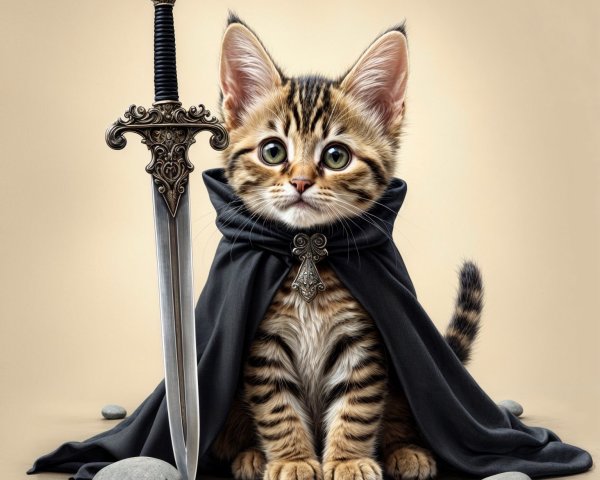 Charming Kitten in Black Cloak Beside Ornate Sword
