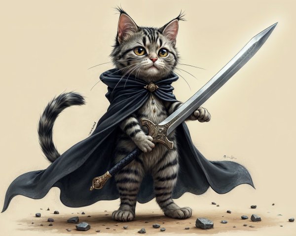 Courageous Cat in Black Cape with Sword and Stones