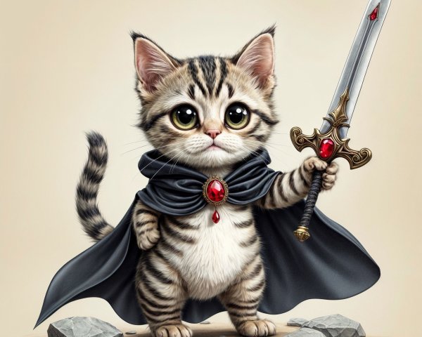 Heroic kitten in cape with sword and striped fur