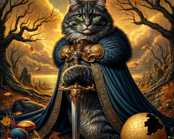 Regal Cat in Mystical Landscape with Dramatic Sky