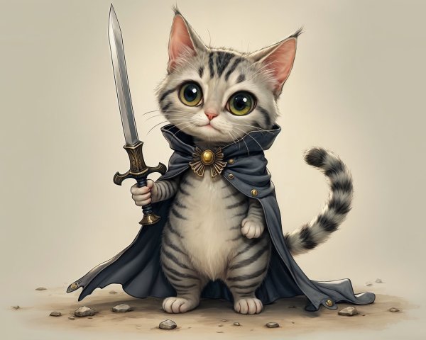 Cartoon Cat in Cloak with Sword in Heroic Pose