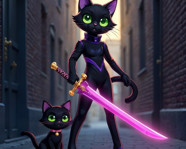 Confident Black Cat with Pink Sword in Whimsical Alleyway