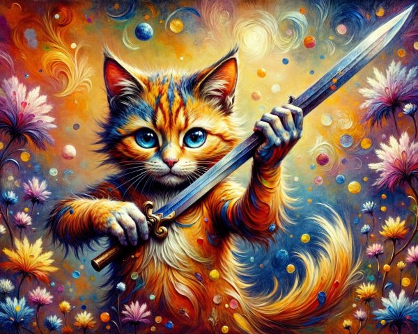 Whimsical illustration of a sword-wielding cat
