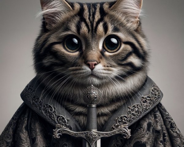 Regal Cat in Ornate Cloak with Sword and Tabby Coat
