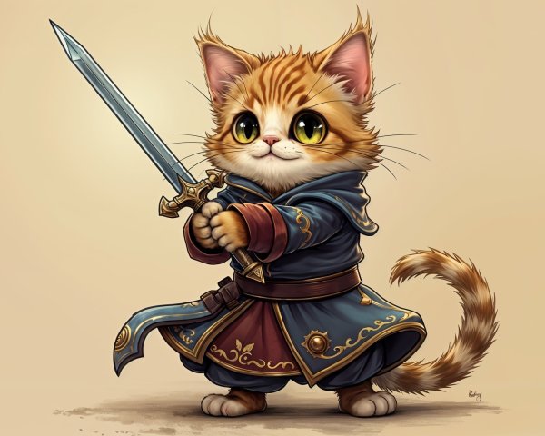 Cartoonish orange tabby cat in regal attire with sword