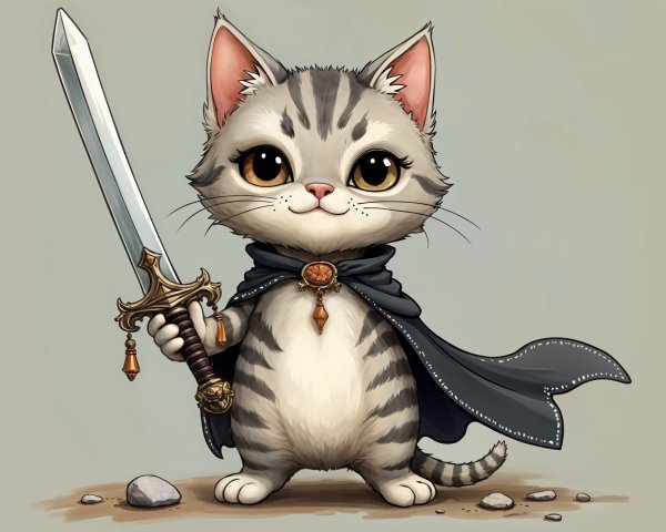 Cartoon Tabby Cat Warrior with Sword and Cape