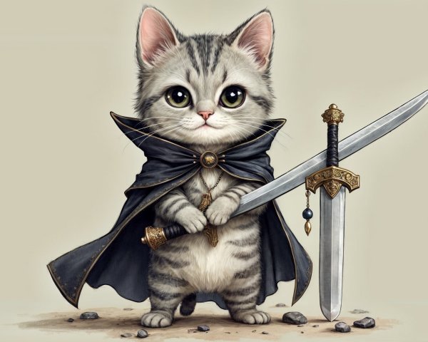 Cartoonish kitten in cape with swords in paws