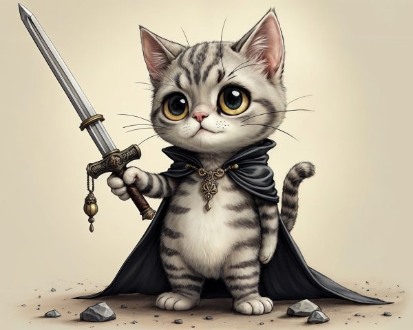 Cartoon Cat with Sword and Cape in Heroic Pose
