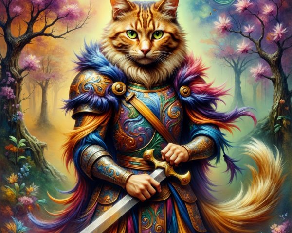 Majestic Cat in Colorful Armor in Enchanted Forest