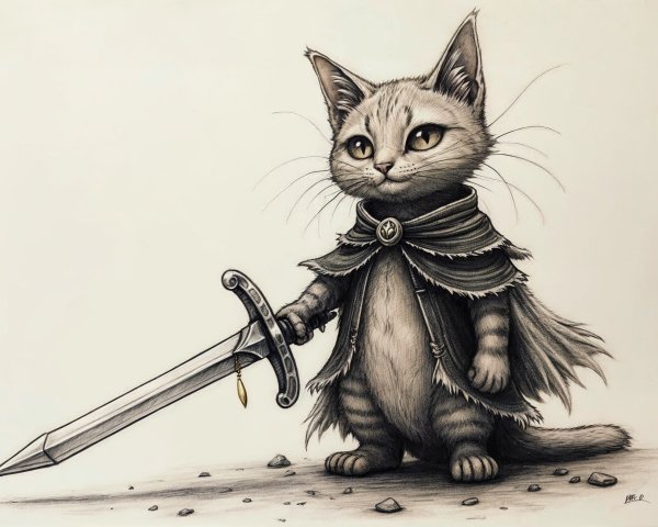 Illustration of a heroic cat with a sword and cloak
