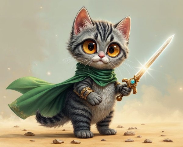 Fluffy Striped Kitten in Cape with Sword in Desert
