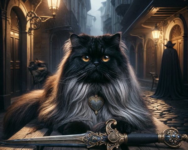 Long-Haired Cat with Golden Eyes in Dim Alley