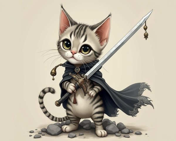 Cartoon Kitten in Cloak with Sword in Fantasy Setting