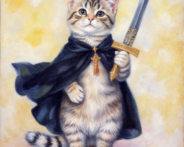 Regal Tabby Cat in Black Cape with Sword and Emblem