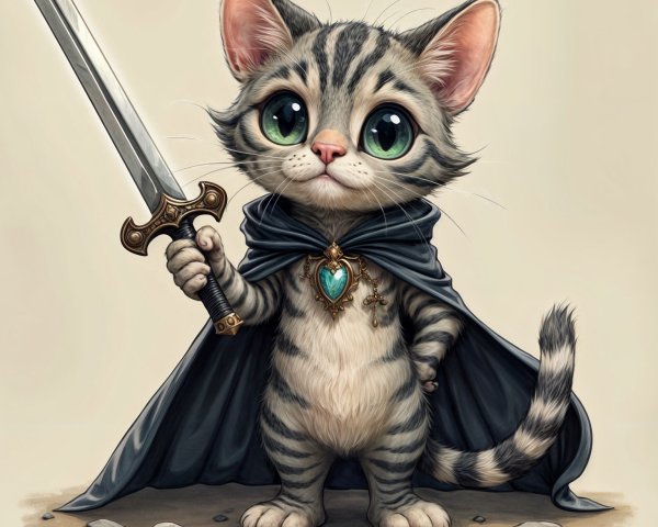 Cartoon Tabby Cat Hero with Sword and Cape