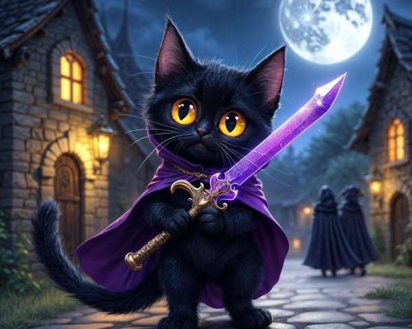 Whimsical Nighttime Scene with Black Cat and Sword