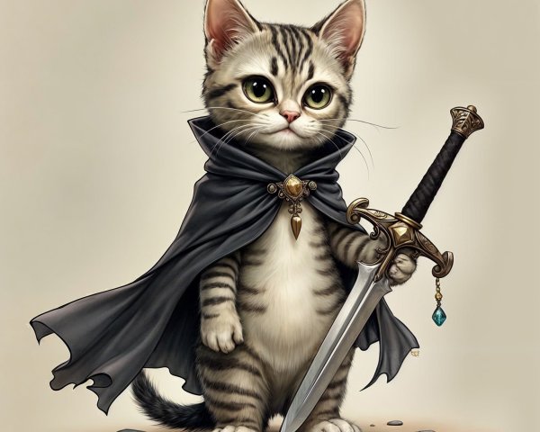 Cartoon Kitten in Cloak with Jeweled Sword