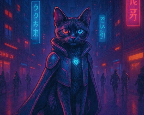 Cyberpunk Cityscape with Black Cat in Cloak