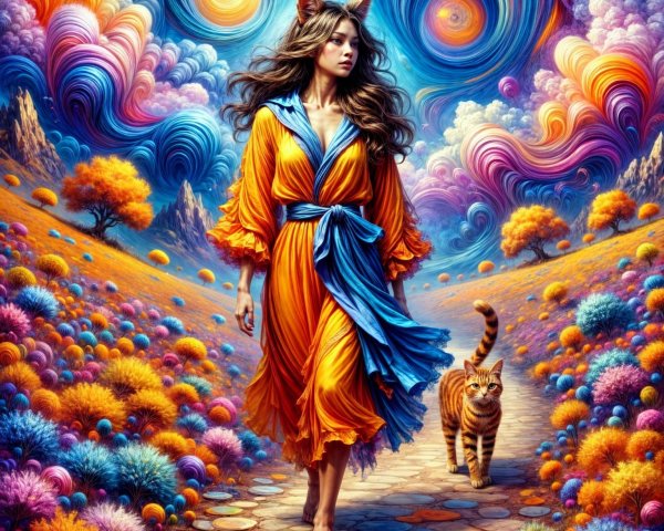 Woman with Cat Ears Walking on Colorful Pathway