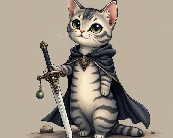 Cartoon Cat with Sword and Black Cape in Heroic Pose