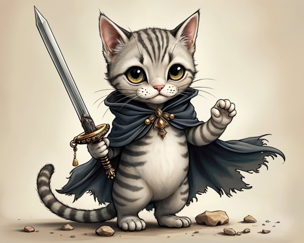 Cartoon Kitten Warrior with Sword and Cape in Fantasy Setting
