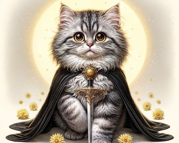 Majestic Persian Kitten with Sword and Moonlit Background