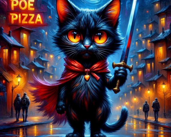 Whimsical Black Cat in Moonlit Cityscape with Sword