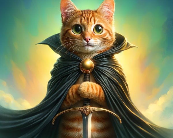 Orange Tabby Cat in Cloak with Sword in Fantasy Scene