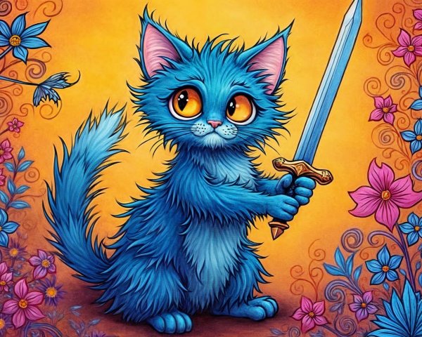 Whimsical Blue Cat with Sword on Vibrant Background
