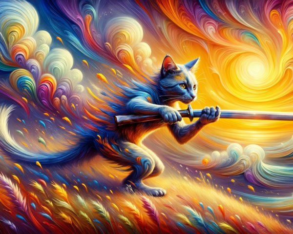Surreal Landscape with Feline Warrior and Colorful Patterns